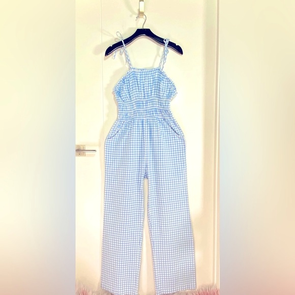 Gingham Jumpsuit Romper Pant Suit Blue and White Size XL 100% Cotton - Picture 1 of 11